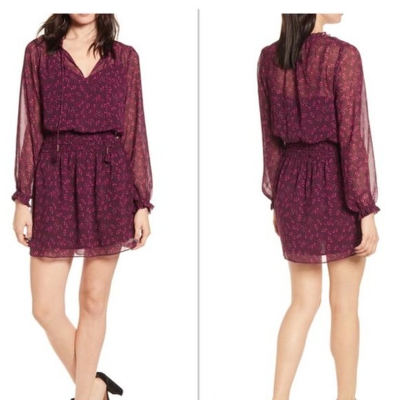 ๐๐ Long Sleeve Smocked Waist Chiffon Dress | Wine Magenta Floral | Size Small - Picture 2 of 4